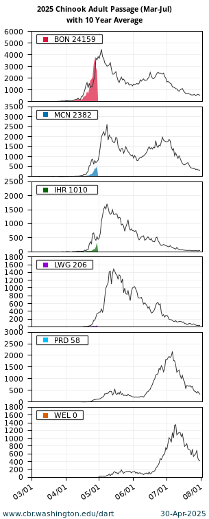 Adult Passage Counts Chinook Bonneville McNary Ice Harbor Lower Granite Priest Rapids Wells
