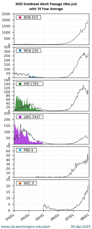 Adult Passage Counts Steelhead Bonneville McNary Ice Harbor Lower Granite Priest Rapids Wells