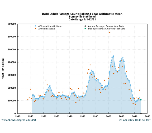 Bonneville Adult Steelhead Running 4 Year Historical graph