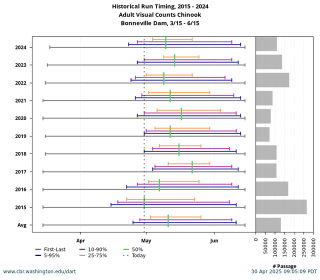 Bonneville Adult Spring Chinook Historical Run Timing graph