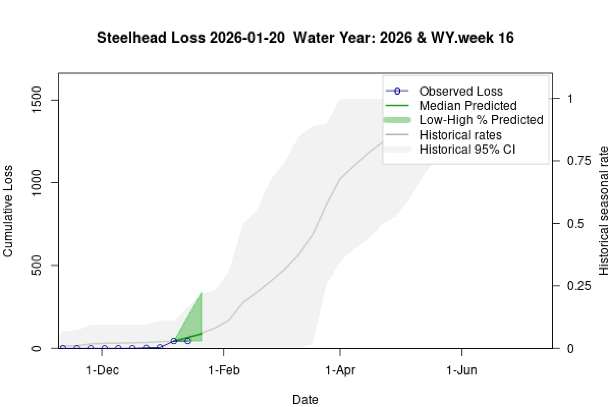 Graph showing observed cumulative loss of steelhead (points) with predicted future loss trajectories including mean predictions (line) and 80% credible intervals (shaded area)