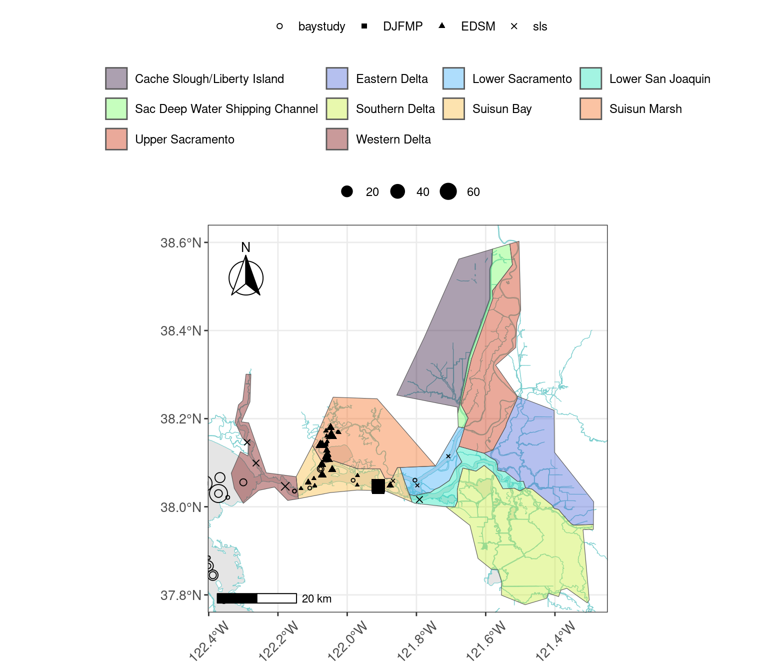 Map showing catch location and relative count oflongfin smelt captured across different regions in WY2026