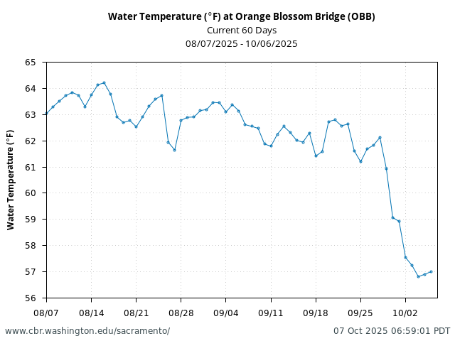 Plot of 60 Days current conditions Water Temperature (°F) at Orange Blossom Bridge (OBB)