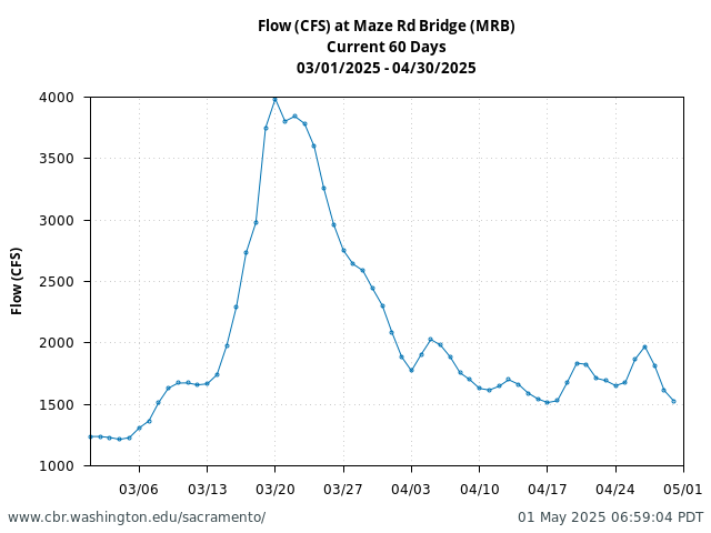 Plot of 60 Days current conditions Flow (CFS) at Maze Rd Bridge (MRB)