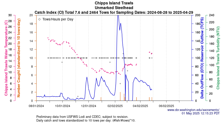plot Central Valley Juvenile Salmonid Monitoring Chipps Island Trawls Unmarked Steelhead Sampling Dates 2024-08-28 to 2025-04-29