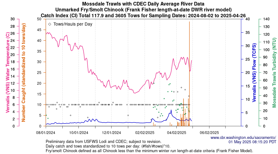 plot Central Valley Juvenile Salmonid Monitoring Mossdale Trawls with CDEC Daily Average River Data Unmarked Fry/Smolt Chinook Sampling Dates 2024-08-02 to 2025-04-26